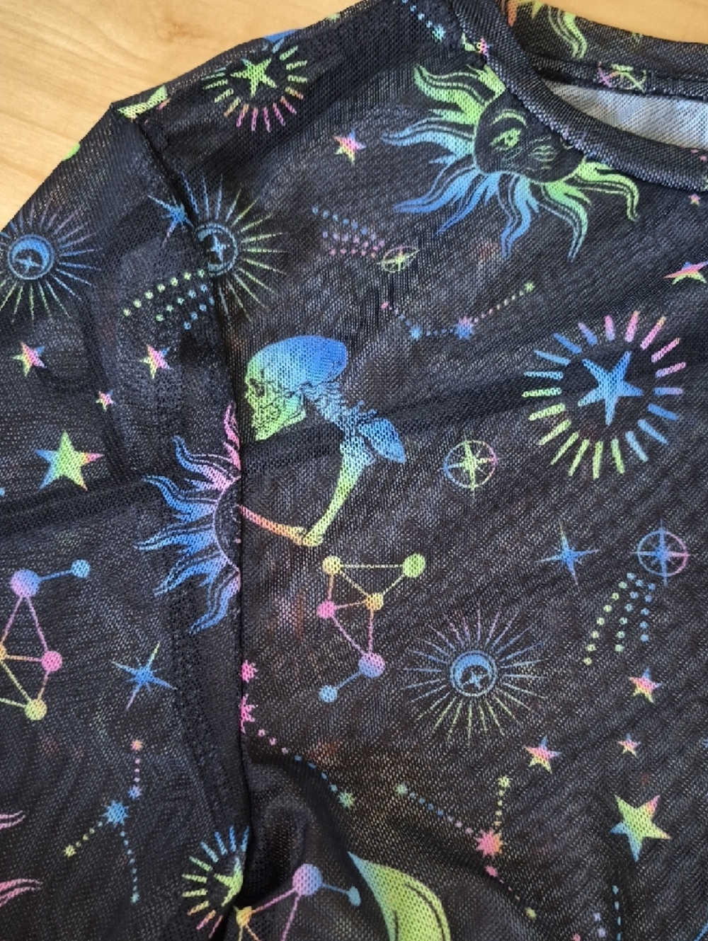 NWT SHEIN Black Sheer Celestial Print Long-Sleeve Mesh Crop Top Y2K SMALL - Picture 6 of 9